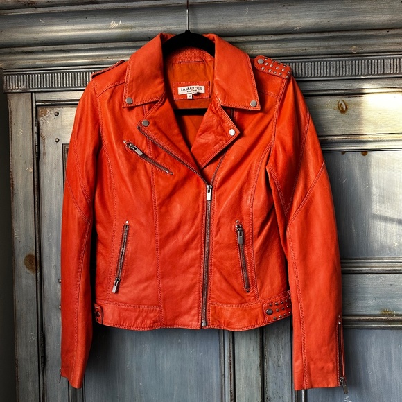 Lamarque Orange Leather Moto Jacket Size XS - Picture 2 of 10